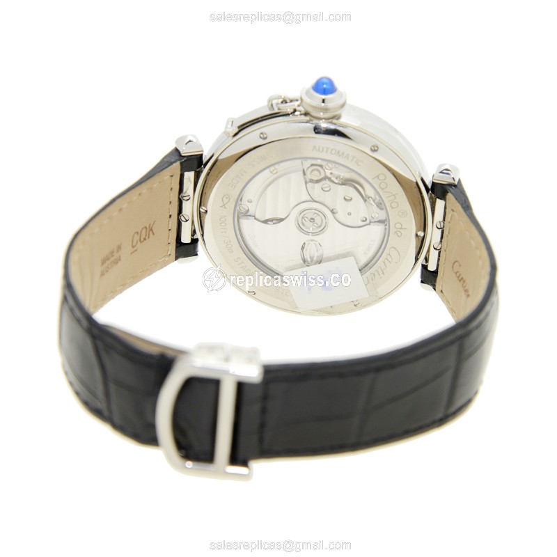 Cartier Pasha Replica - Automatic - Steel - White Dial - Black Alligator Strap - View 4