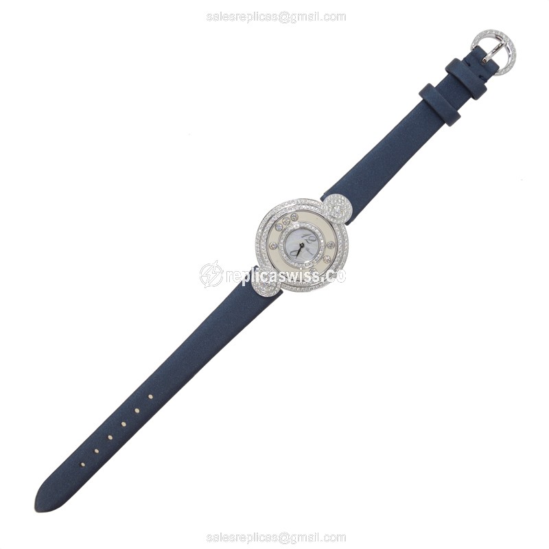 Chopard Happy Diamonds Quartz 18kt White Gold - Skull Dial - Blue Satin Strap - Buckle Clasp - View 2