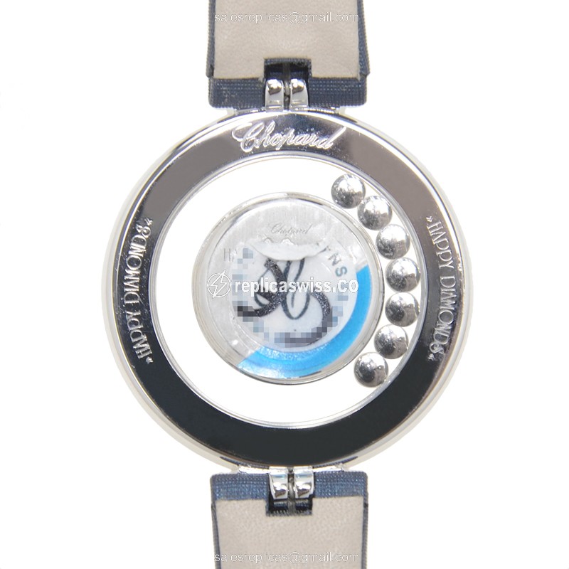 Chopard Happy Diamonds Quartz 18kt White Gold - Skull Dial - Blue Satin Strap - Buckle Clasp - View 3