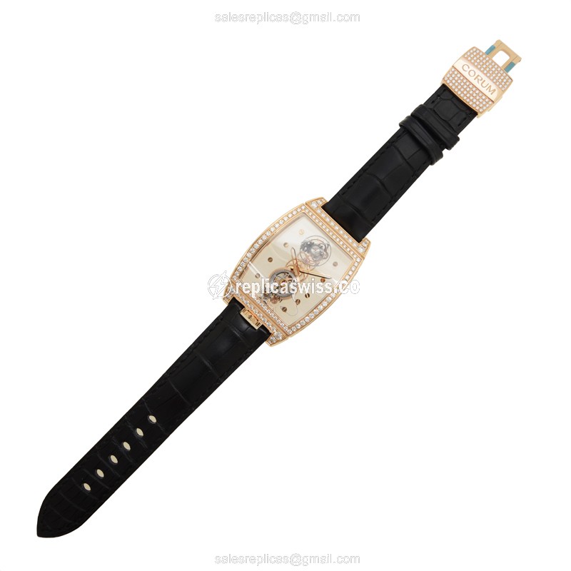 Corum Bridge Replica - Manual Wind - 18kt Rose Gold - Diamonds - Transparent - Black Alligator Strap - View 2