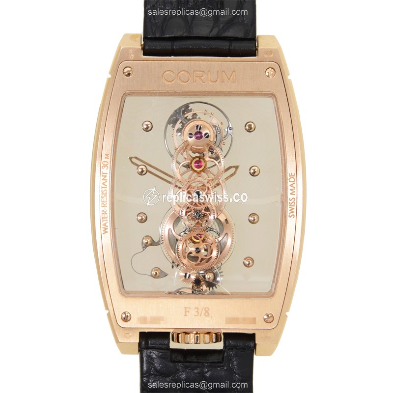 Corum Bridge Replica - Manual Wind - 18kt Rose Gold - Diamonds - Transparent - Black Alligator Strap - View 3