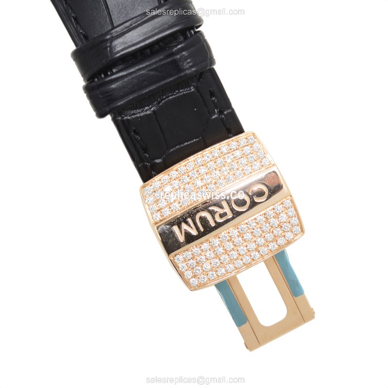 Corum Bridge Replica - Manual Wind - 18kt Rose Gold - Diamonds - Transparent - Black Alligator Strap - View 4
