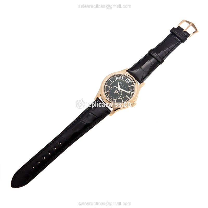Patek Philippe 5205R-010 Complications Replica - Auto - 18kt Rose Gold - Black Dial - Buckle Clasp - Alligator Black - View 2