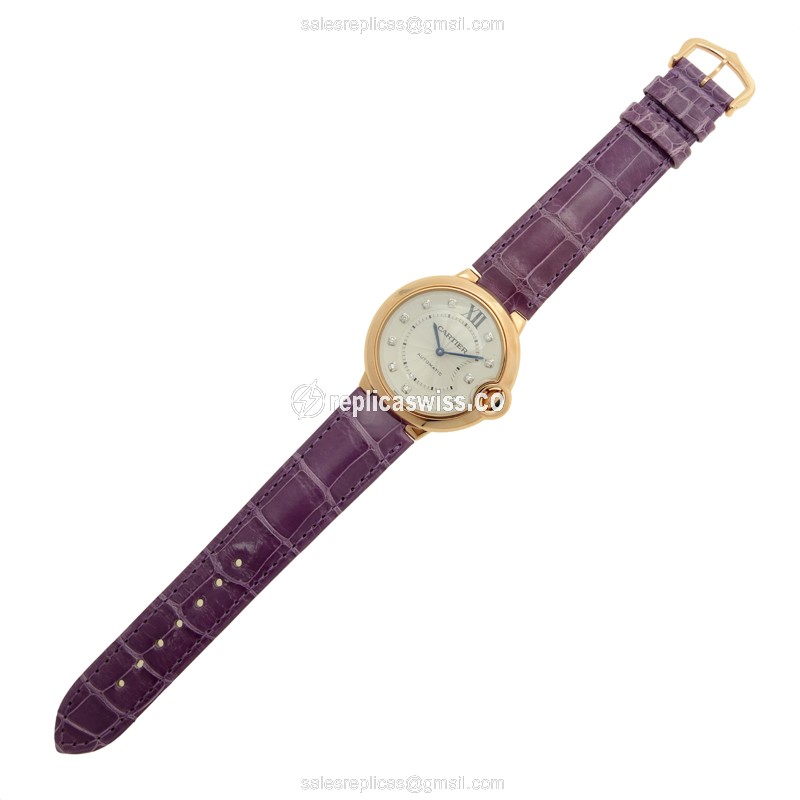 Cartier Ballon Bleu Replica - Automatic 18kt Rose Gold - Silver Dial - Alligator Purple Buckle - View 2