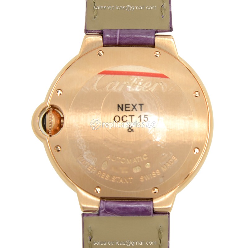 Cartier Ballon Bleu Replica - Automatic 18kt Rose Gold - Silver Dial - Alligator Purple Buckle - View 3