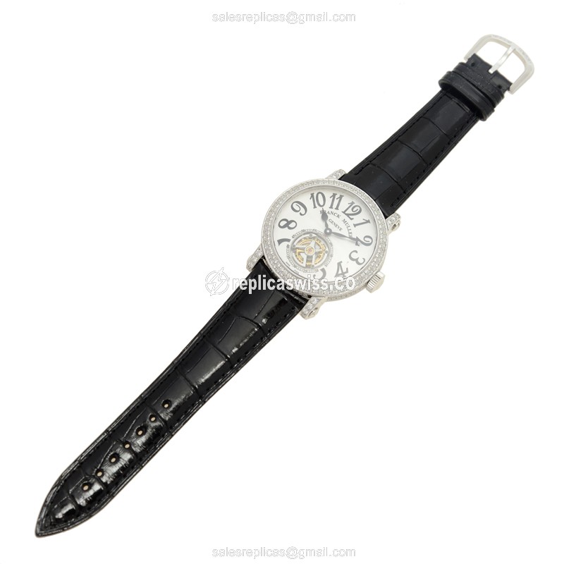 Franck Muller 7008 T D Manual Wind - 18kt White Gold - Diamond - Silver Dial - Leather Strap - View 2