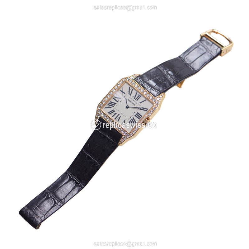 Cartier Santos Replica - Manual - 18kt Rose Gold - Diamond Dial - White - Brown Alligator Strap - View 2