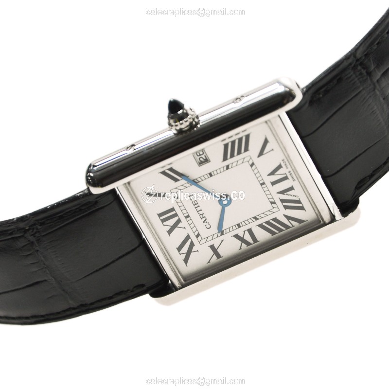 Cartier TANK Replica - Quartz - 18kt White Gold - Silver Dial, Black Alligator Strap - View 2