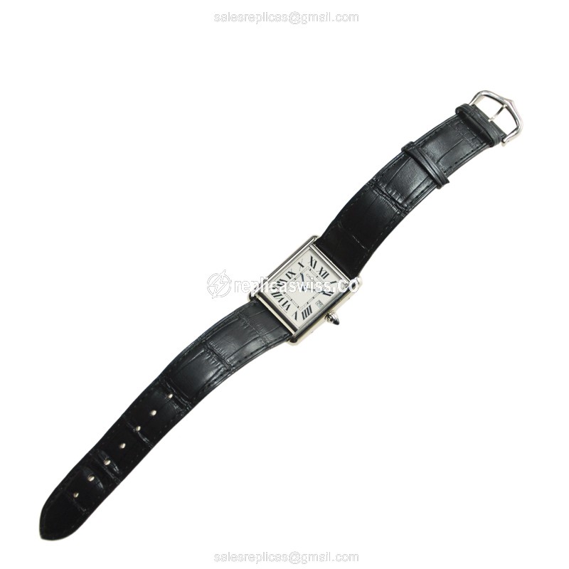 Cartier TANK Replica - Quartz - 18kt White Gold - Silver Dial, Black Alligator Strap - View 4