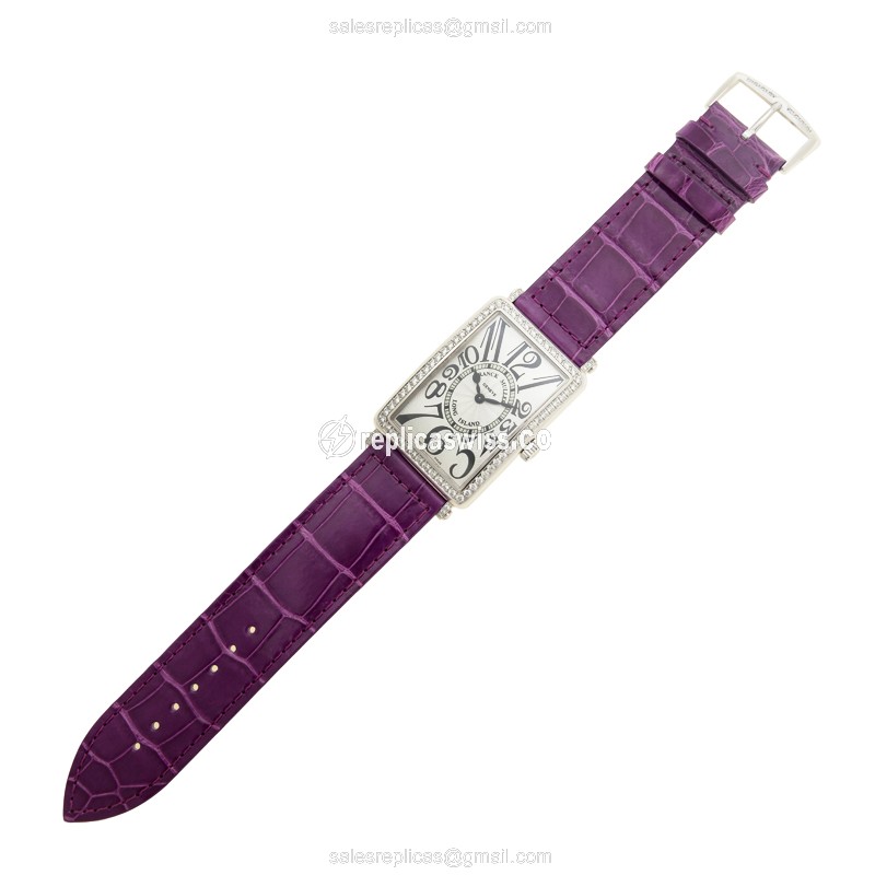 Franck Muller 1002 QZ D 1R LONG ISLAND - Quartz - 18kt White Gold - Diamond - Silver Dial - Leather Purple Buckle - View 2