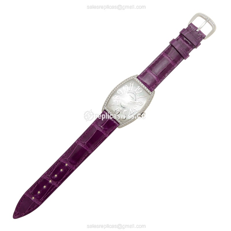 Franck Muller 2852 B QZ REL MOP D Replica - Quartz - 18kt White Gold - Diamond - White Dial on Leather Strap - View 2