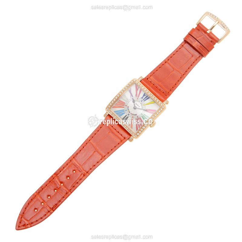 Franck Muller 6002 QZ Replica - Quartz - 18kt Rose Gold Case - Silver Dial - Leather Orange Strap - View 2