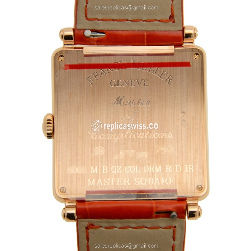 Franck Muller 6002 QZ Replica - Quartz - 18kt Rose Gold Case - Silver Dial - Leather Orange Strap - View 3