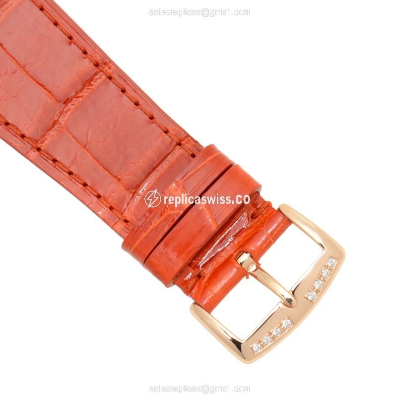 Franck Muller 6002 QZ Replica - Quartz - 18kt Rose Gold Case - Silver Dial - Leather Orange Strap - View 4
