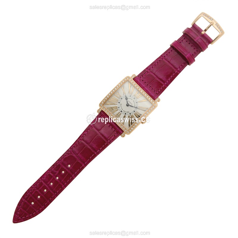 Franck Muller Master Square Replica - Quartz - 18kt Rose Gold Case - Silver Dial - Purple Leather Strap - Buckle Clasp - View 2