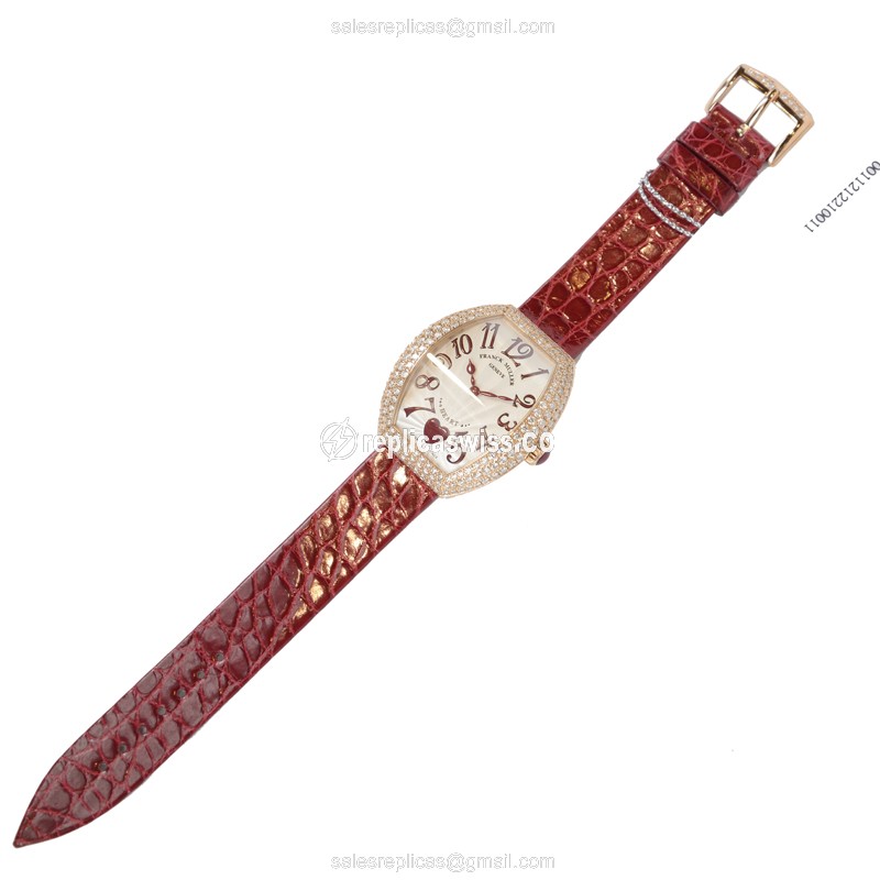 Franck Muller 5002M QZ C6H D3 Replica - Quartz - Rose Gold Case - Diamonds - Silver Dial - Red Alligator Strap - View 2