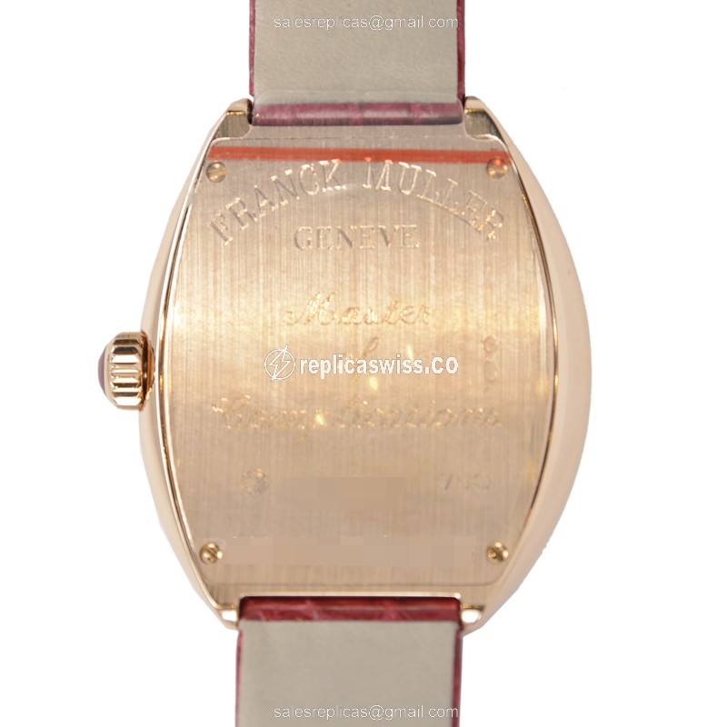 Franck Muller 5002M QZ C6H D3 Replica - Quartz - Rose Gold Case - Diamonds - Silver Dial - Red Alligator Strap - View 3