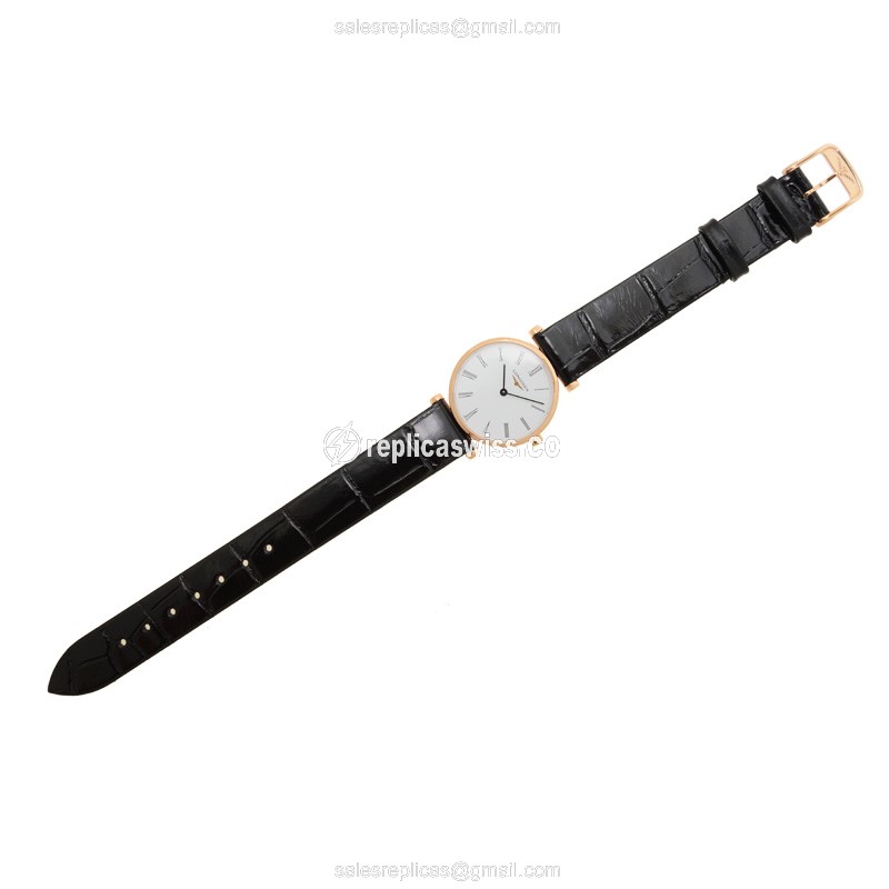 Longines LA GRANDE Replica - Quartz - PVD Gold - White Dial - Leather Black Strap - View 2
