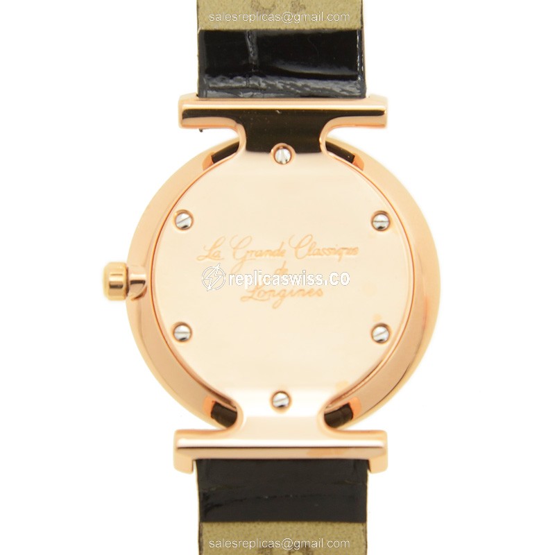 Longines LA GRANDE Replica - Quartz - PVD Gold - White Dial - Leather Black Strap - View 3