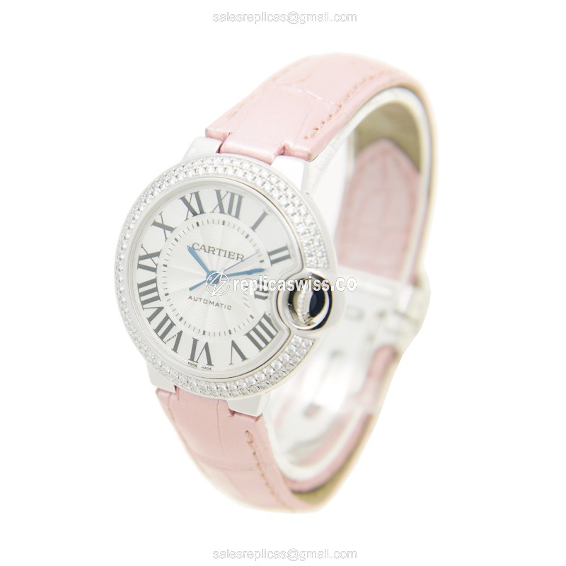Cartier Ballon Bleu Replica - Automatic - 18kt White Gold - Diamond - White Dial - Pink Alligator Strap - View 3