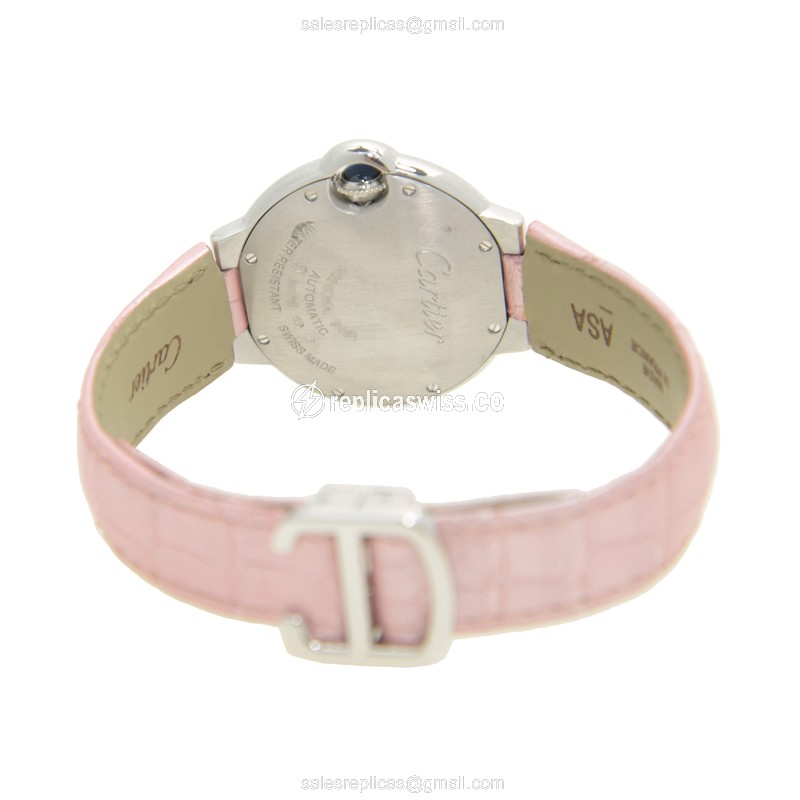 Cartier Ballon Bleu Replica - Automatic - 18kt White Gold - Diamond - White Dial - Pink Alligator Strap - View 4