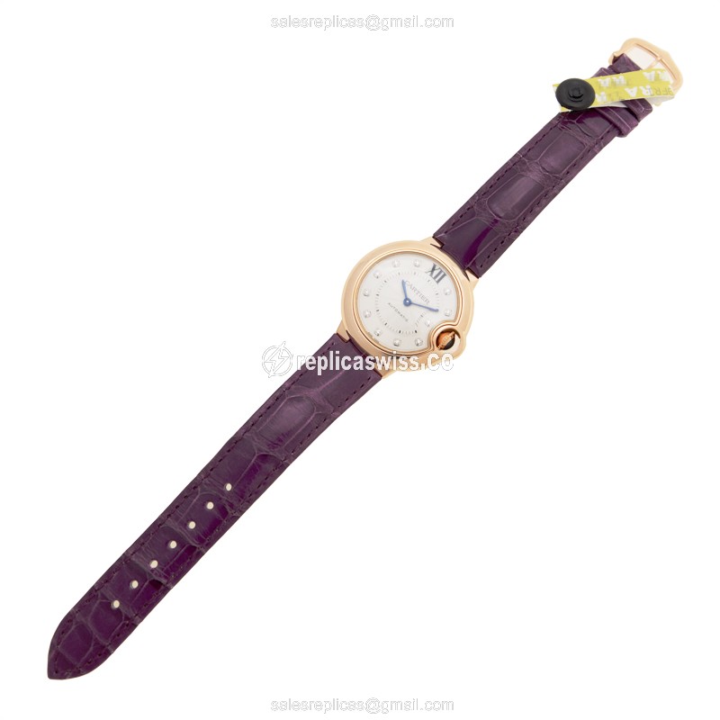 Cartier Ballon Bleu Replica - Automatic - 18kt Rose Gold - Silver Dial - Alligator Purple Strap - View 2