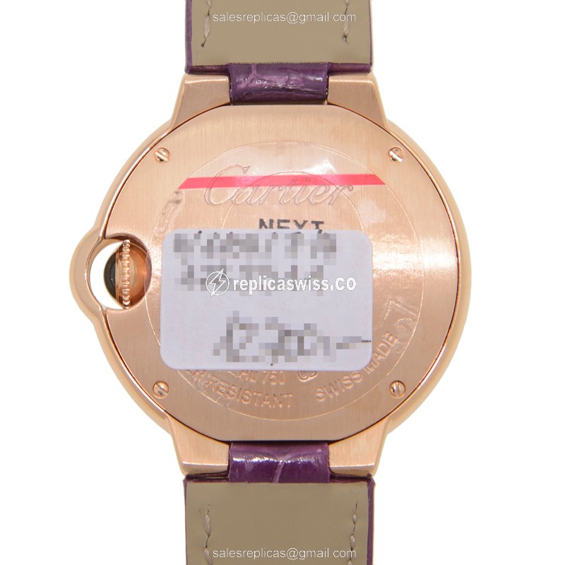 Cartier Ballon Bleu Replica - Automatic - 18kt Rose Gold - Silver Dial - Alligator Purple Strap - View 3