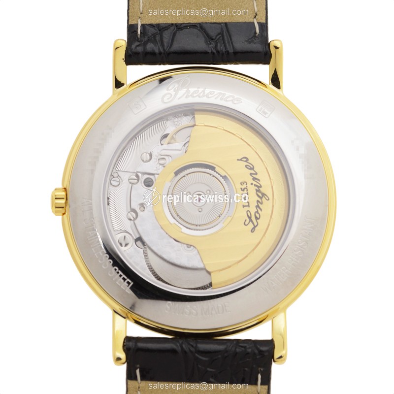 Longines Presence Replica - Automatic - PVD Gold - White Dial, Alligator Strap - View 3