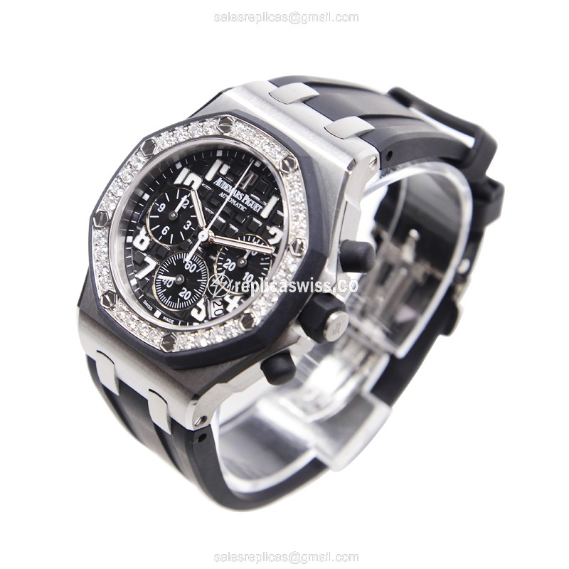Royal Oak Offshore Replica - Audemars Piguet - Automatic - Stainless Steel & Diamond - Black Dial - Rubber Strap - View 3