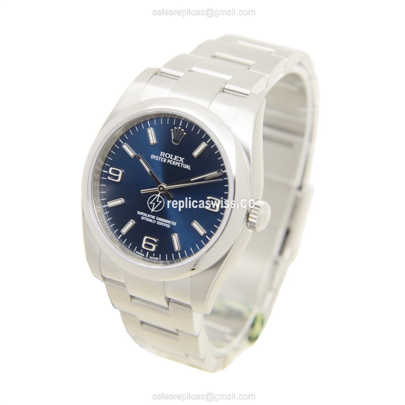 Rolex OYSTER PERPETUAL Replica - Automatic - Steel Case - Blue Dial, Silver Clasp & Steel Strap - View 3