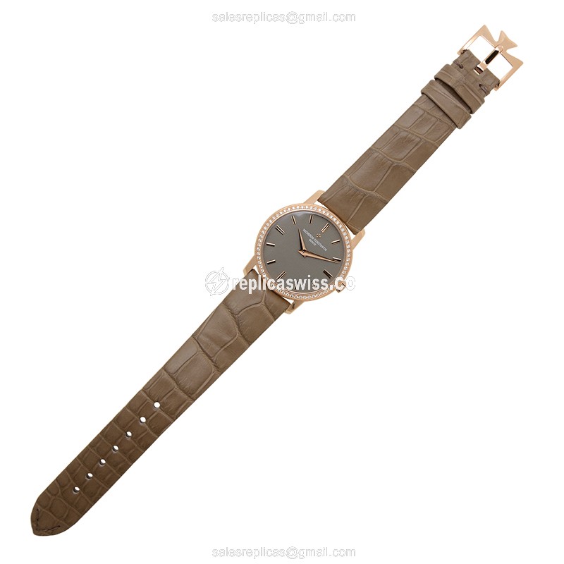 Vacheron Constantin 25558/000R-9759 TRAD. Quartz 18kt Rose Gold & Diamond Dial - Brown Alligator Buckle - View 2
