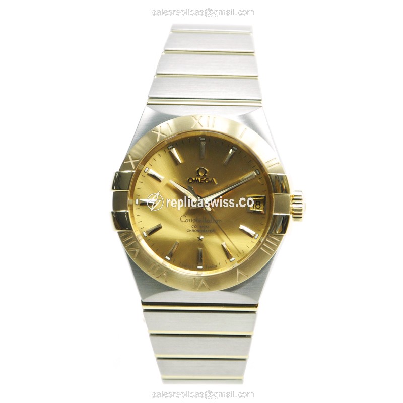 Omega Constellation Replica - Automatic - 18kt Gold & Steel Case - Gold Dial - Silver Clasp - Silver Strap - View 2