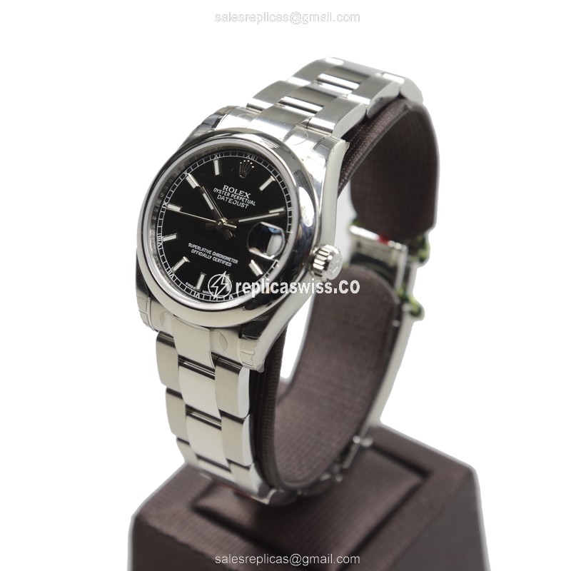 Rolex Lady Datejust Replica - Automatic - Stainless Steel - Black Dial - Silver Strap - View 3
