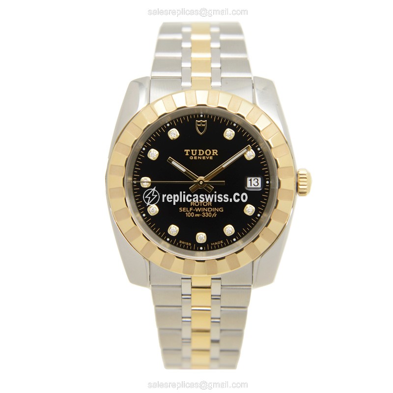 Tudor Classique Replica - Automatic - 18kt Gold & Steel - Black Dial - Silver Strap - View 2