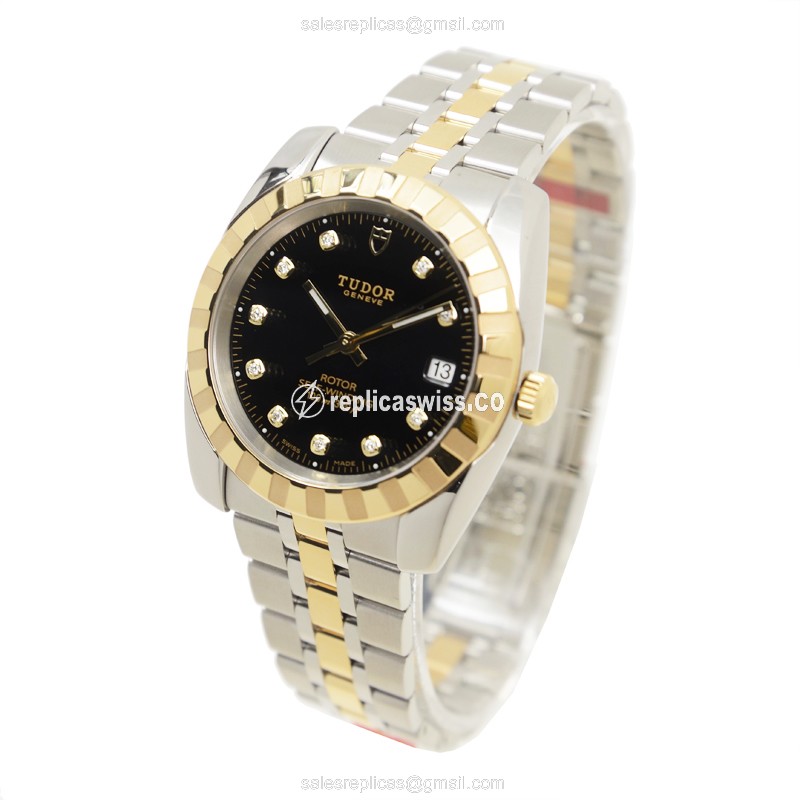 Tudor Classique Replica - Automatic - 18kt Gold & Steel - Black Dial - Silver Strap - View 3