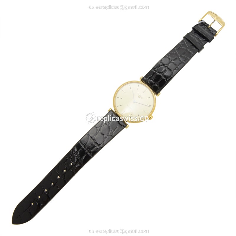 Longines LA GRANDE Replica - Automatic - Gold PVD - Gold Dial - Leather Black Strap - Buckle Clasp - View 2