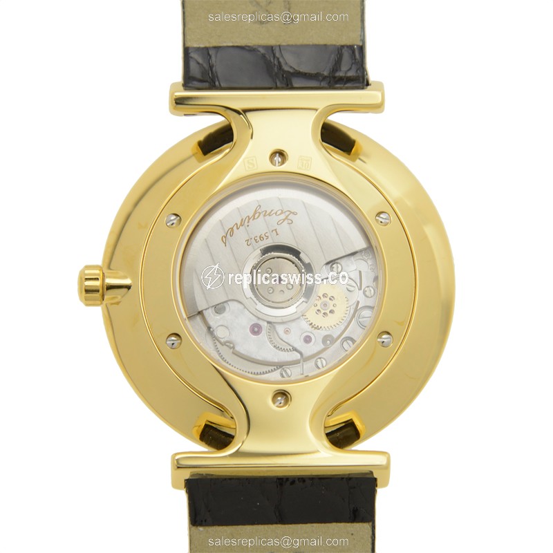 Longines LA GRANDE Replica - Automatic - Gold PVD - Gold Dial - Leather Black Strap - Buckle Clasp - View 3