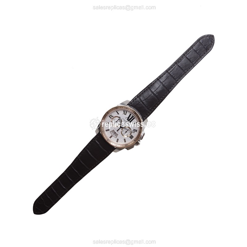 Cartier W7100043 Replica - Calibre De Cartier Auto - Steel Case - White Dial - Brown Alligator Strap - View 2