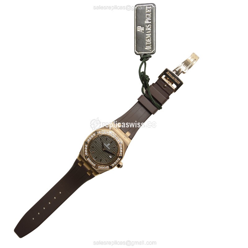 Audemars Piguet Royal Oak Quartz 18kt Rose Gold - Diamond Dial - Dark Grey - Brown Rubber Strap - View 2