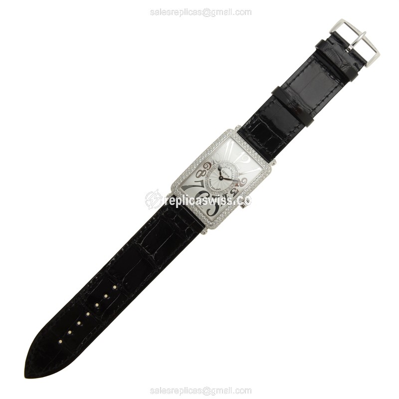 Franck Muller 1002QZ REL D CD 1R Replica - Quartz - 18kt White Gold - Diamond Silver Dial - Black Alligator Buckle - View 2