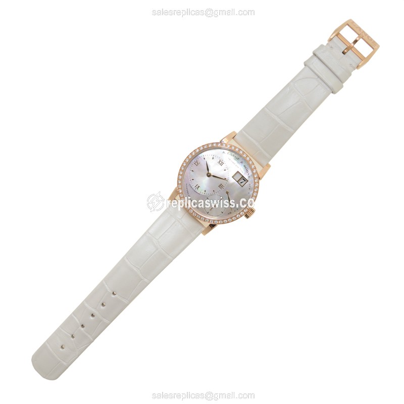 A Lange & Sohne LANGE 1 Replica - Manual Wind - 18kt Rose Gold - Diamond Set - Silver Dial - Alligator White Strap - View 2