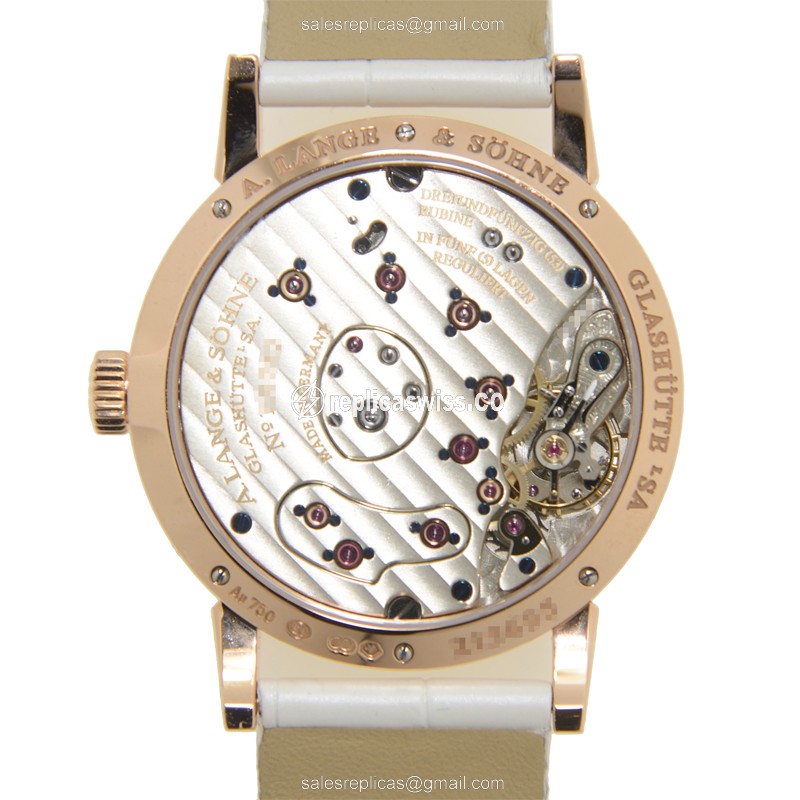 A Lange & Sohne LANGE 1 Replica - Manual Wind - 18kt Rose Gold - Diamond Set - Silver Dial - Alligator White Strap - View 3
