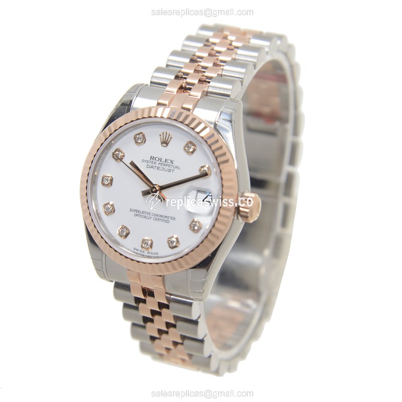 Rolex Lady Datejust Replica | Automatic | 18kt Rose Gold | Steel Case | White Dial - View 3