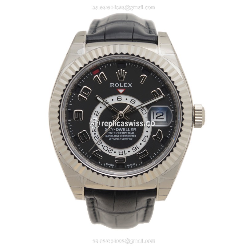 Rolex Sky-Dweller Replica - Automatic - 18kt Gold - Black Dial on Leather Strap - View 2