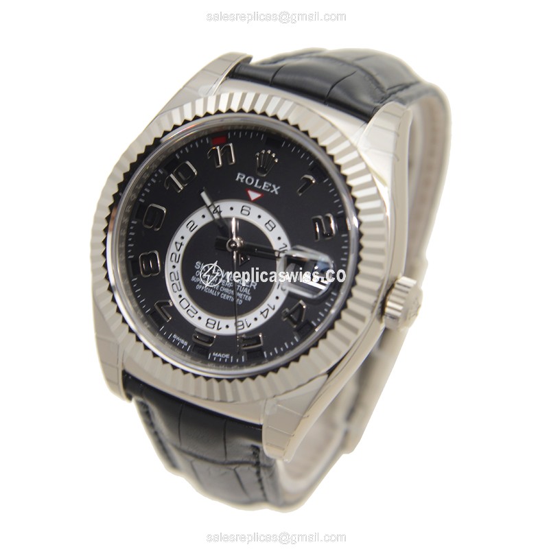 Rolex Sky-Dweller Replica - Automatic - 18kt Gold - Black Dial on Leather Strap - View 3