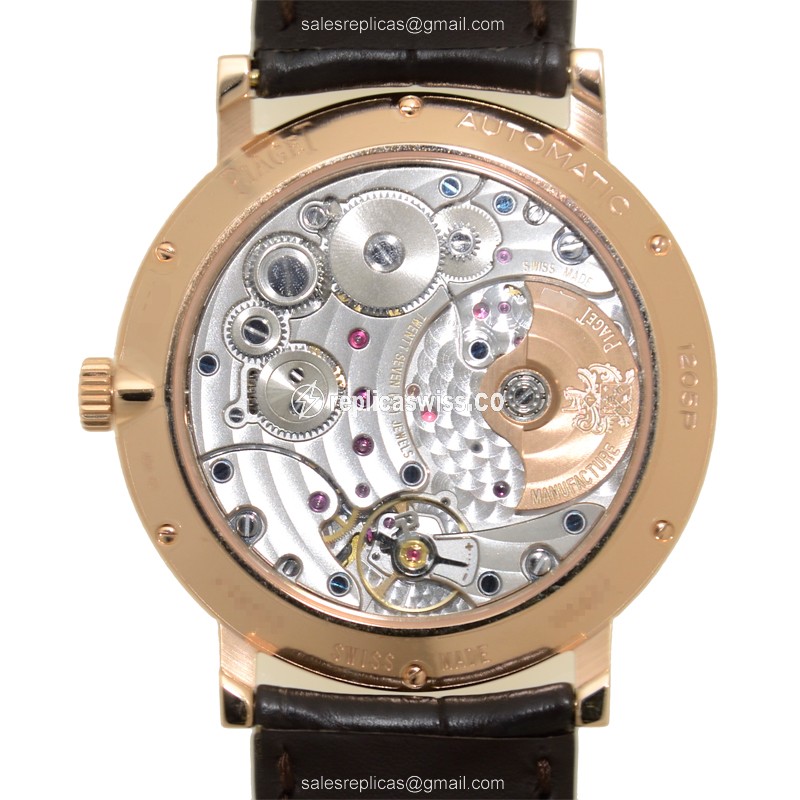 Piaget ALTIPLANO Replica - Automatic - 18kt Rose Gold Case - Diamonds - Silver Dial - Brown Alligator Strap - View 3