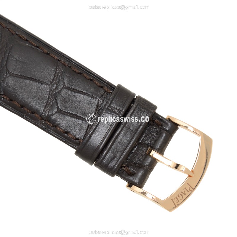 Piaget ALTIPLANO Replica - Automatic - 18kt Rose Gold Case - Diamonds - Silver Dial - Brown Alligator Strap - View 4