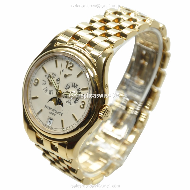 Patek Philippe 5146-1J-001 Replica - Auto - 18kt Yellow Gold - White Dial - Gold Clasp - View 3