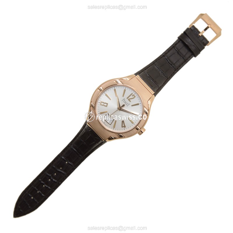 Piaget POLO Replica - Automatic 18kt Rose Gold - Silver Dial - Brown Alligator Strap - View 2