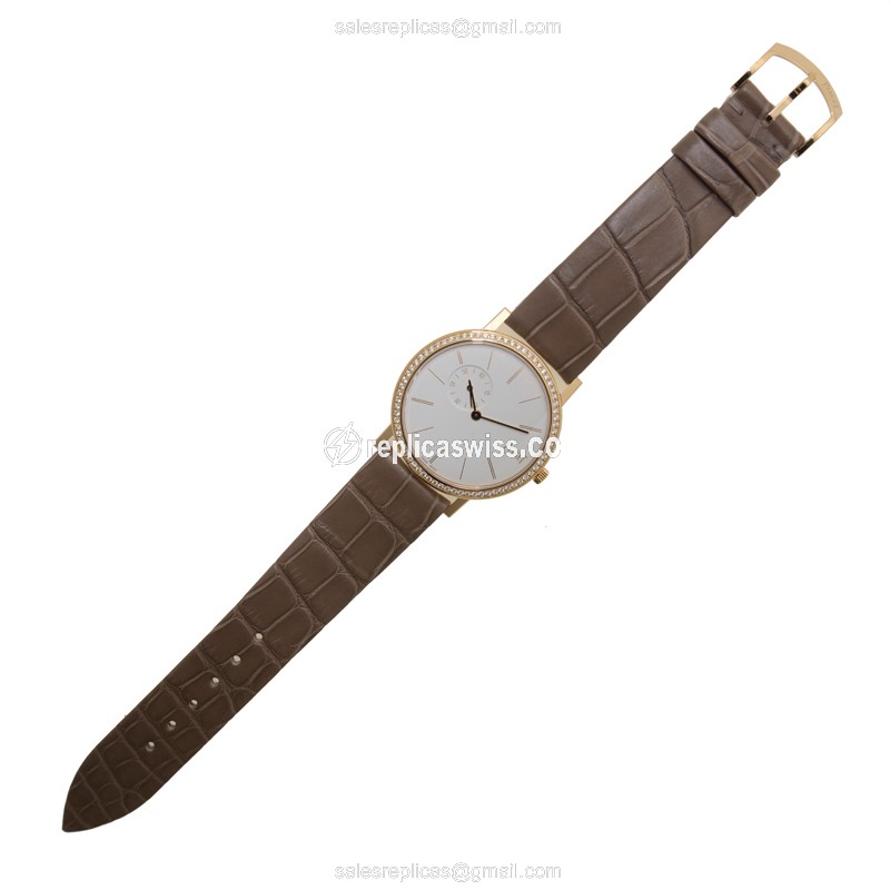 Piaget ALTIPLANO Replica - Manual Wind - 18kt Rose Gold & Diamond - White Dial - Brown Alligator Buckle - View 2